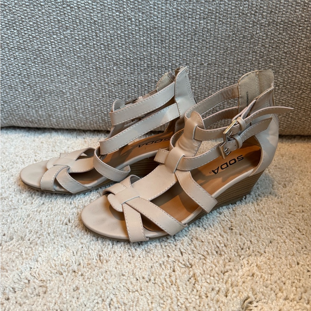 Soda Neutral Beige Strappy Wedge Sandals